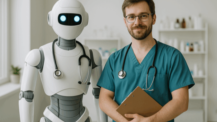 dierenarts die naast AI robot staat